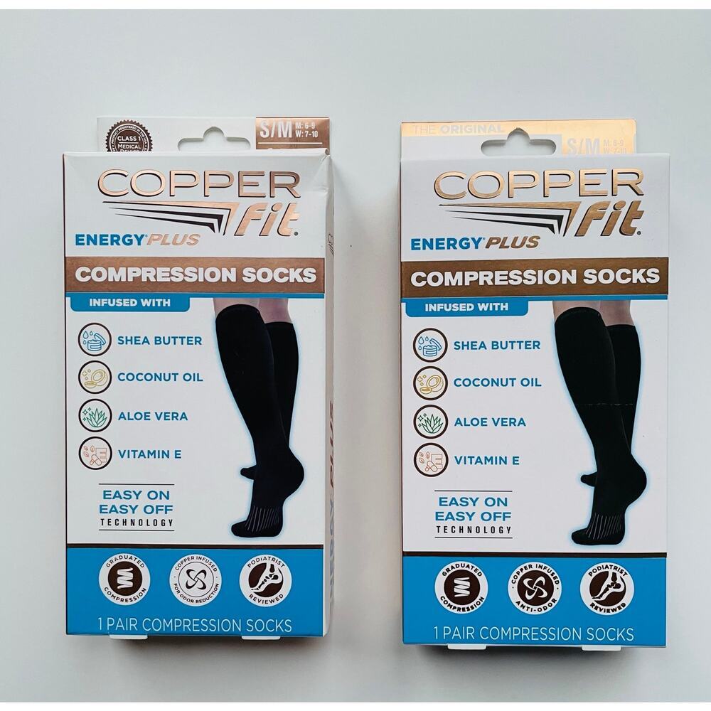 2 Pair Copper Fit Energy Plus Compression Socks Size S/M NEW